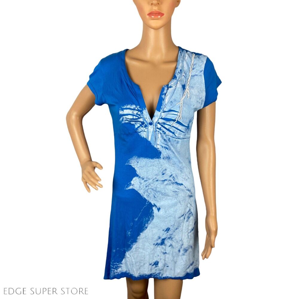 AnM Blue White Beaded Short Sleeve Button Henley VNeck Shirt Dress Size Medium